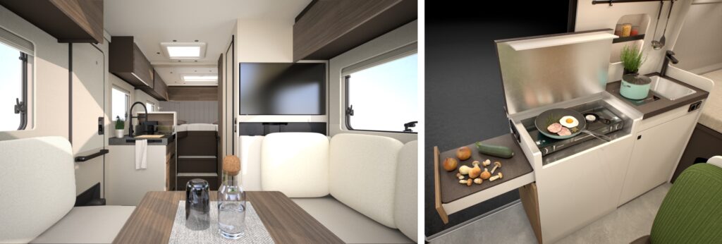 Bürstner Signature interiör och köksavdelningen i Papillon.